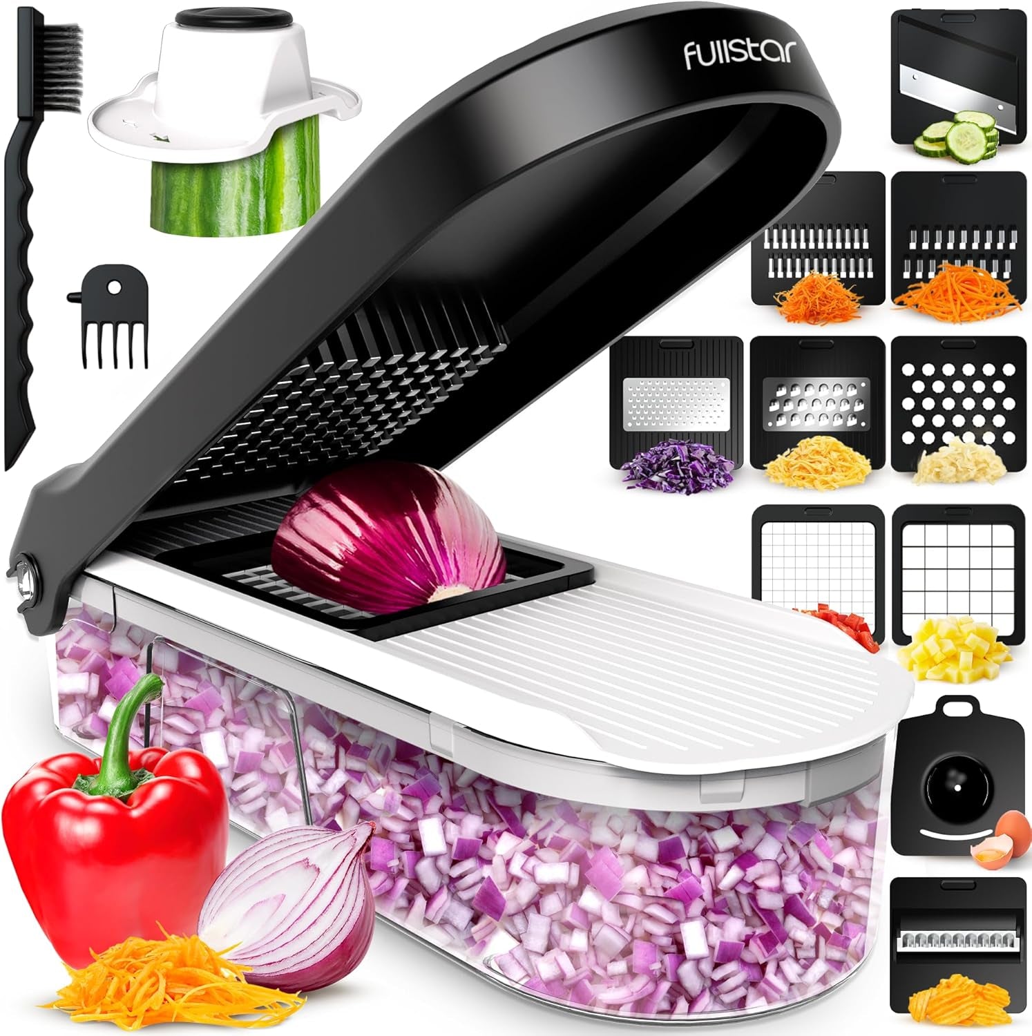 Vegetable Chopper & Mandoline Slicer - Julienne Cutter Dicer Grater for Food Veg Onion Cucumber Tomato Salad Potato Cheese - Kitchen Gadgets & Accessories (Compact 6-In-1, White)