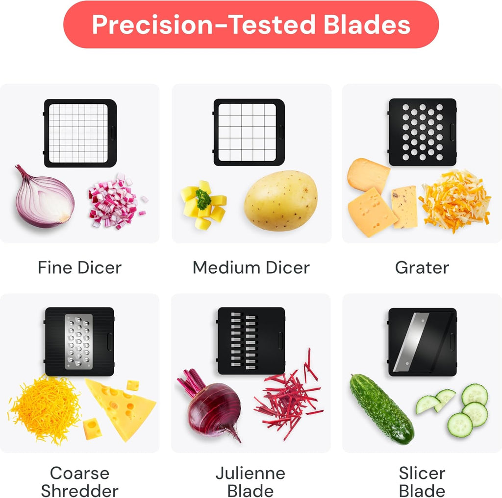 Vegetable Chopper & Mandoline Slicer - Julienne Cutter Dicer Grater for Food Veg Onion Cucumber Tomato Salad Potato Cheese - Kitchen Gadgets & Accessories (Compact 6-In-1, White)