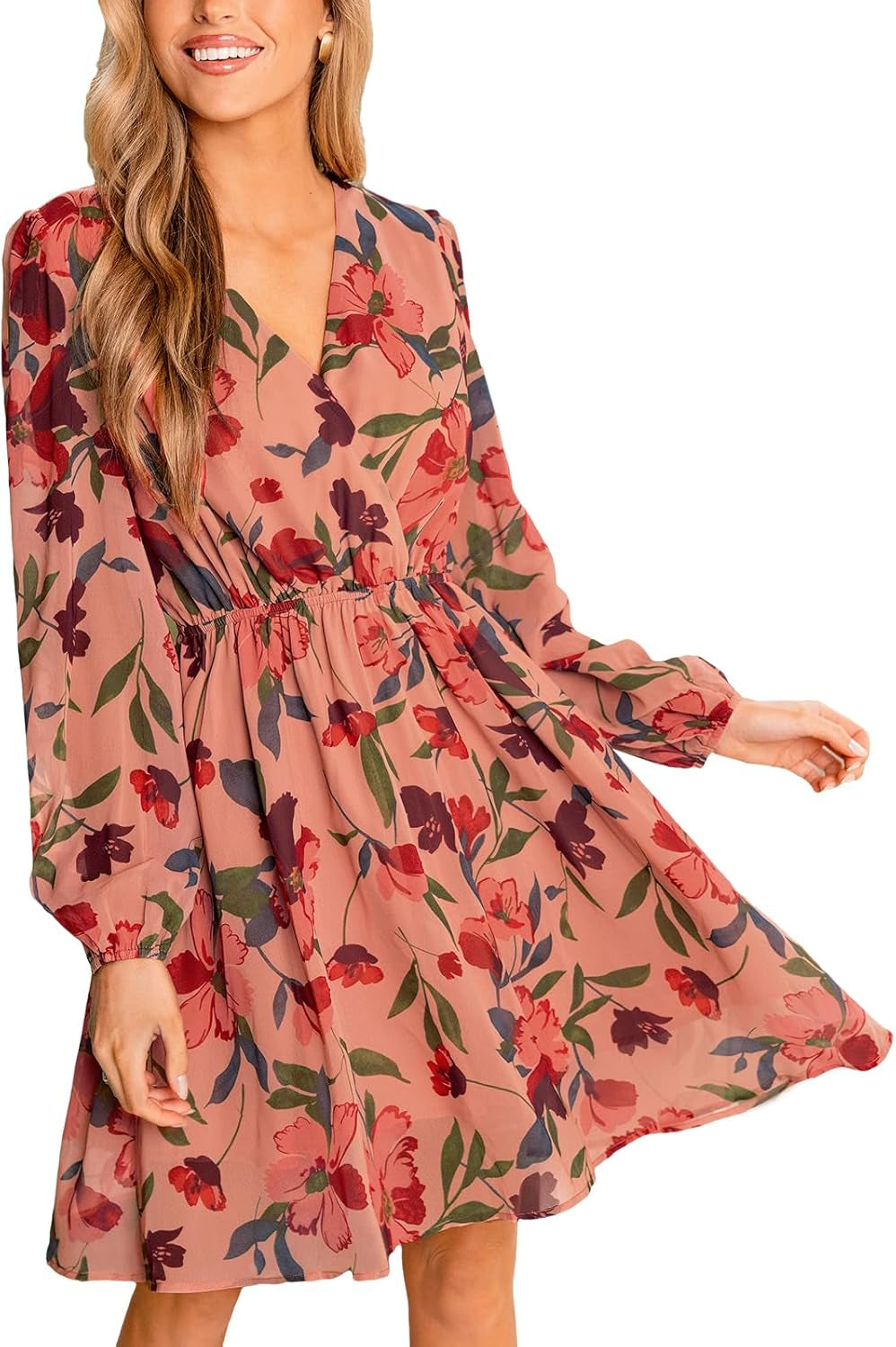 Women'S Floral Print Chiffon A-Line Mini Dress Long Peasant Sleeves Elastic Autumn Dress