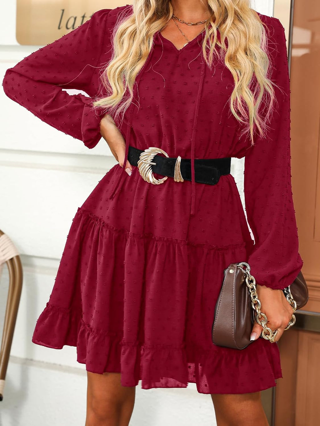 Women'S Casual Dress Flounce Drawstring Long Sleeve Dress V-Neck without Belt Loose Party A-Line Cocktail Mini Dress