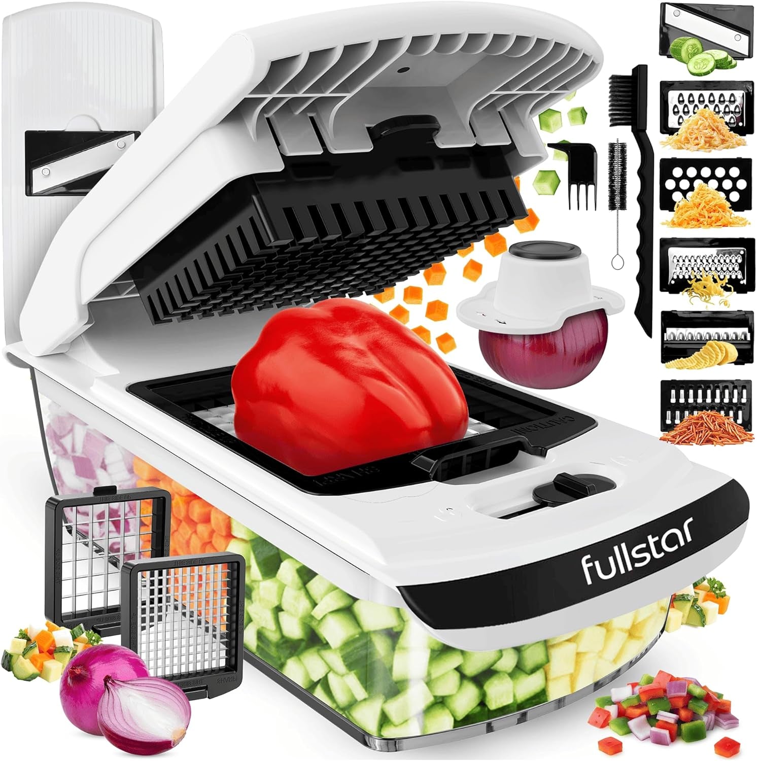 Vegetable Chopper & Mandoline Slicer - Julienne Cutter Dicer Grater for Food Veg Onion Cucumber Tomato Salad Potato Cheese - Kitchen Gadgets & Accessories (Compact 6-In-1, White)