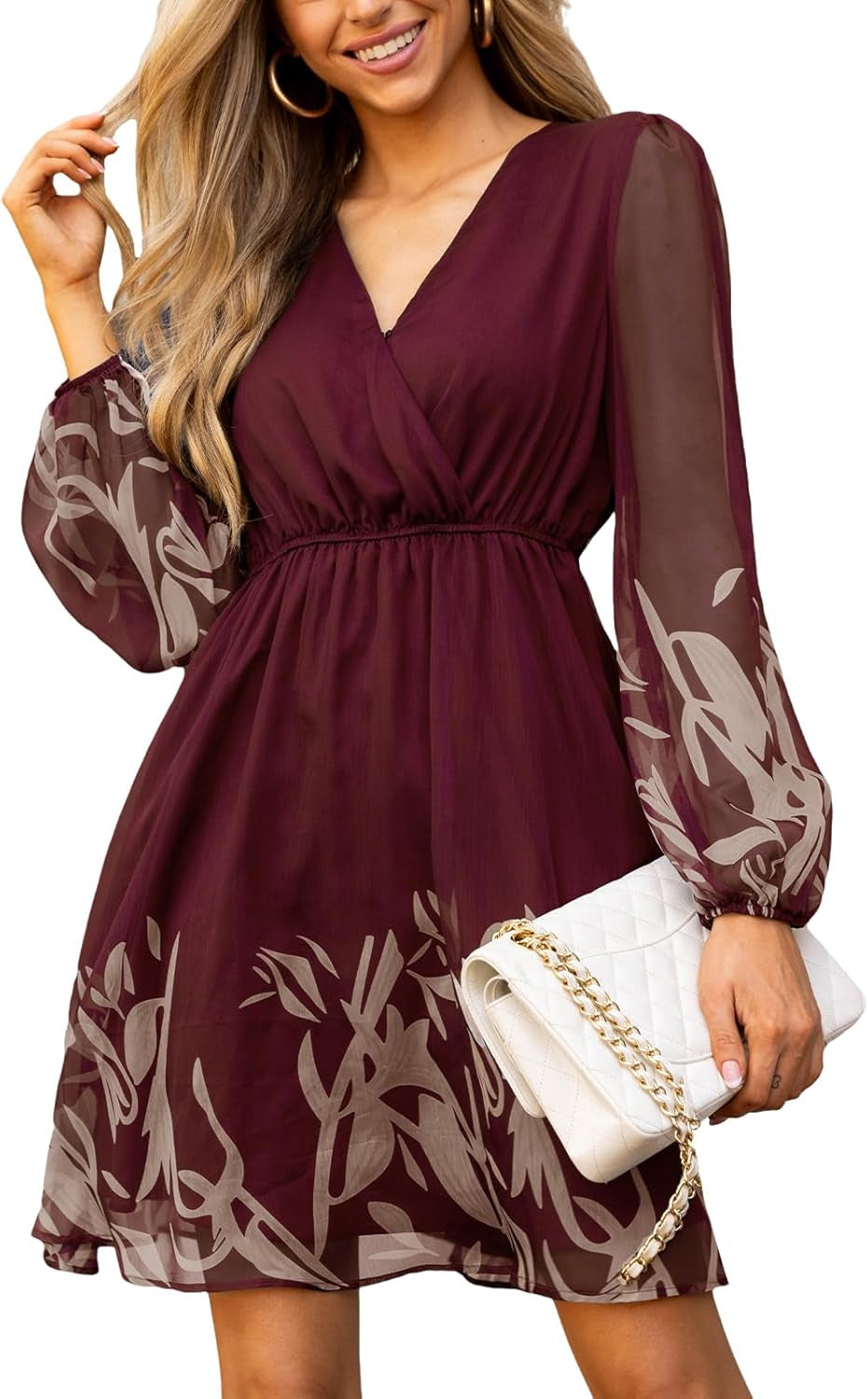 Women'S Floral Print Chiffon A-Line Mini Dress Long Peasant Sleeves Elastic Autumn Dress