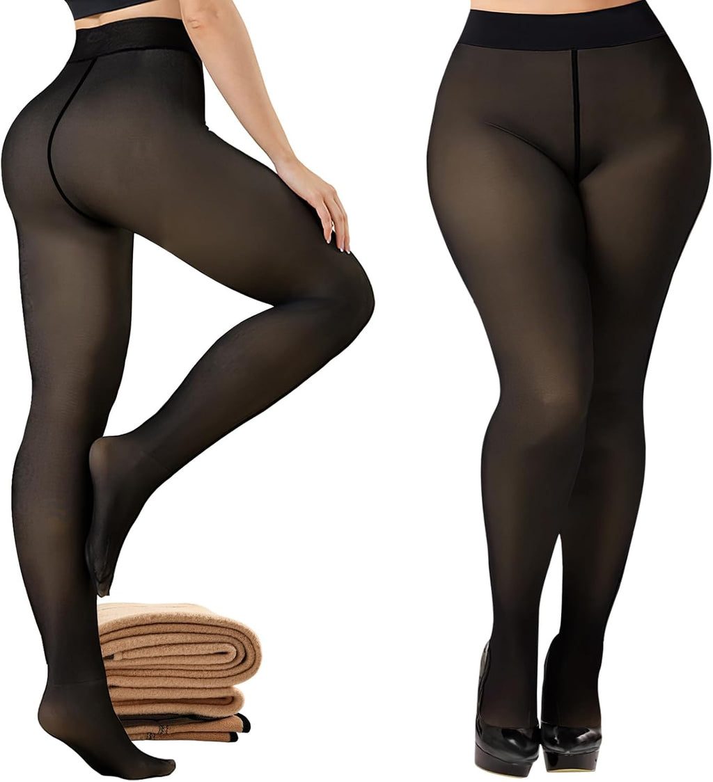 Fleece Lined Tights for Women- High Waist Fake Sheer Translucent Thermal Leggings Thick Warm Pantyhose for Winter