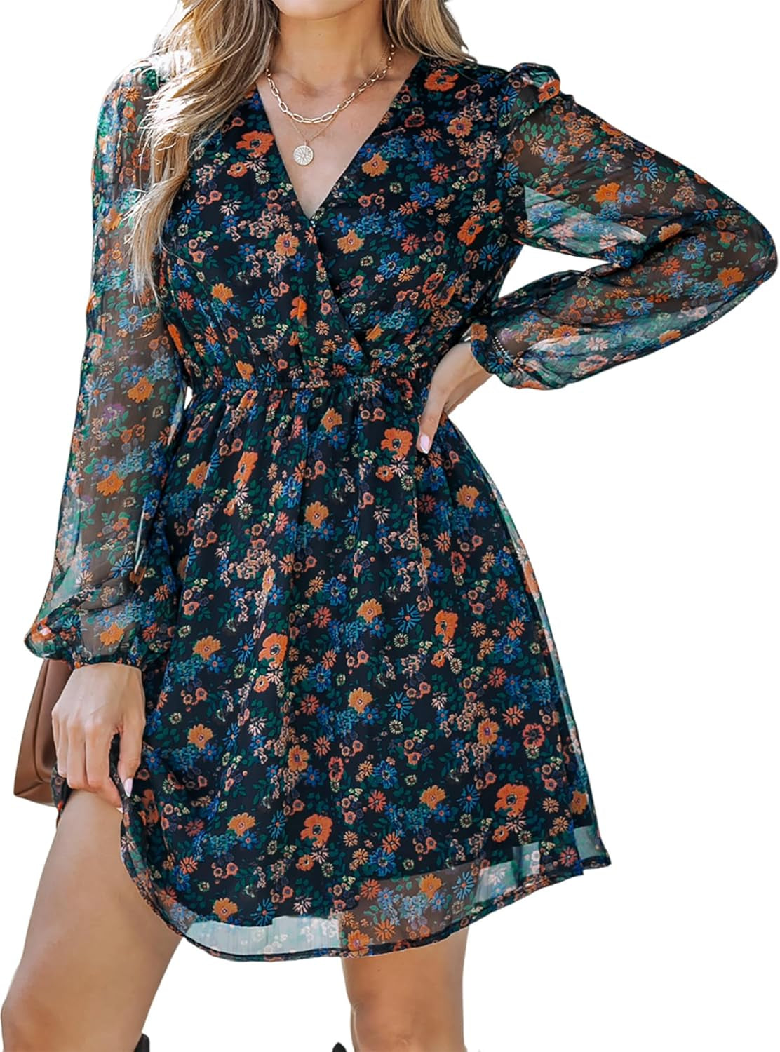 Women'S Floral Print Chiffon A-Line Mini Dress Long Peasant Sleeves Elastic Autumn Dress