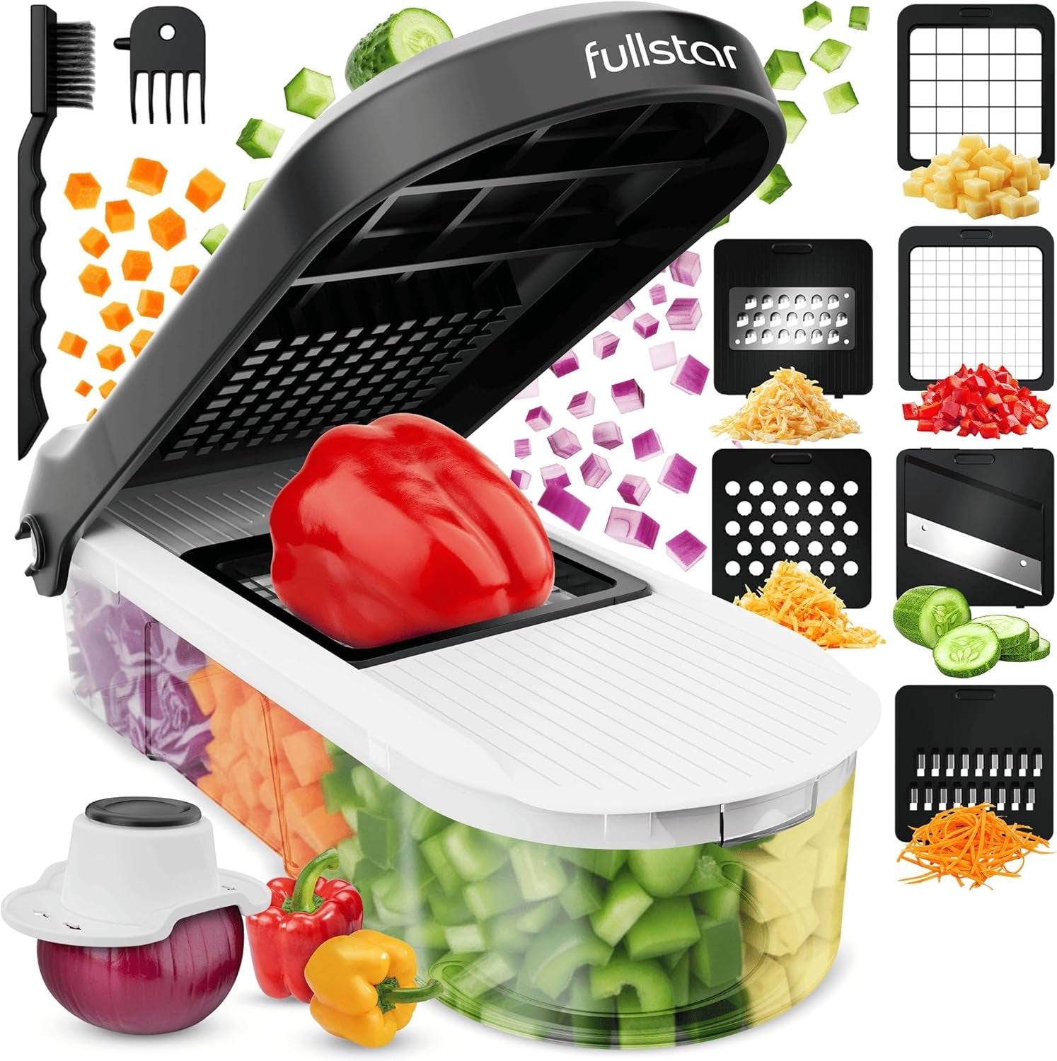 Vegetable Chopper & Mandoline Slicer - Julienne Cutter Dicer Grater for Food Veg Onion Cucumber Tomato Salad Potato Cheese - Kitchen Gadgets & Accessories (Compact 6-In-1, White)