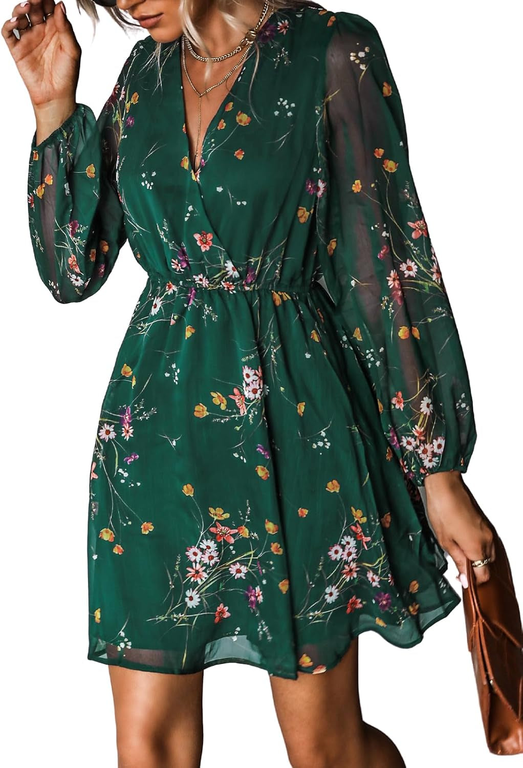 Women'S Floral Print Chiffon A-Line Mini Dress Long Peasant Sleeves Elastic Autumn Dress