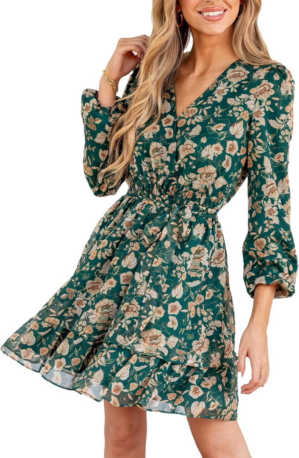 Women'S Floral Print Chiffon A-Line Mini Dress Long Peasant Sleeves Elastic Autumn Dress