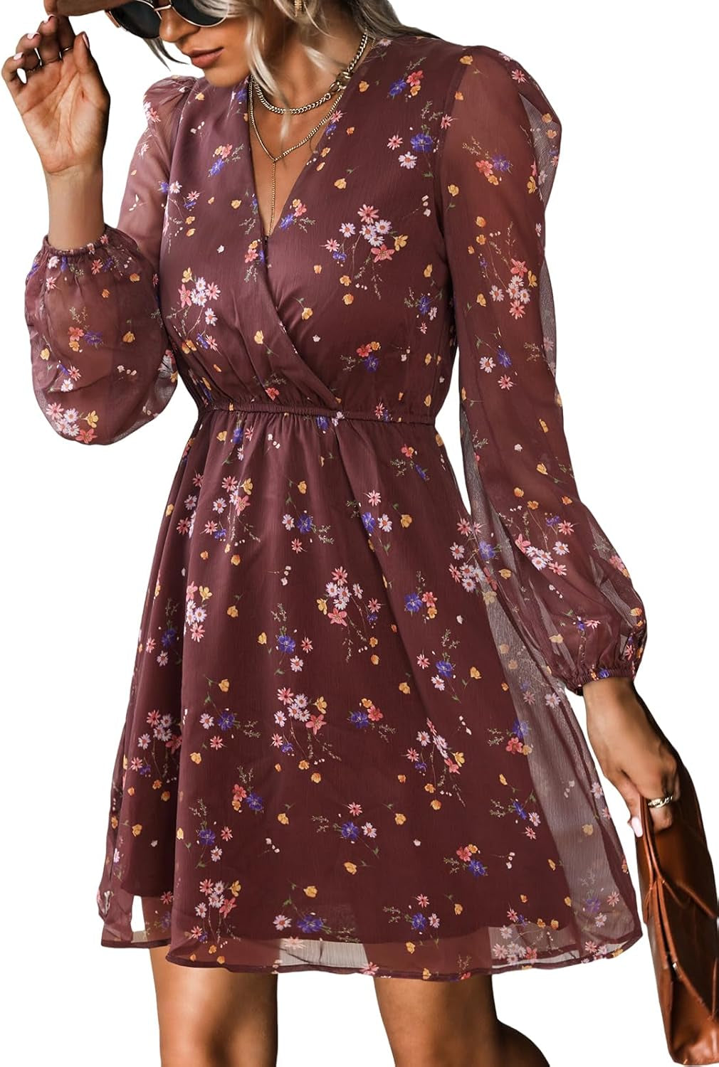 Women'S Floral Print Chiffon A-Line Mini Dress Long Peasant Sleeves Elastic Autumn Dress