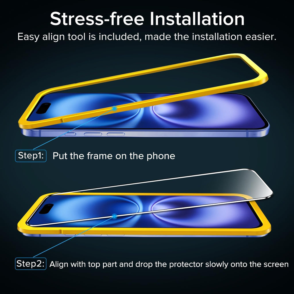 Screen Protector for Iphone 16 / Iphone 15, with Alignment Frame Tool, Tempered Glass Protection Film - without Air Bubbles -Ultra Resistant Hardness 9H 6.1-Inch, 2-Pack