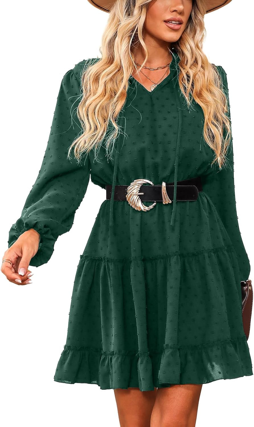 Women'S Casual Dress Flounce Drawstring Long Sleeve Dress V-Neck without Belt Loose Party A-Line Cocktail Mini Dress