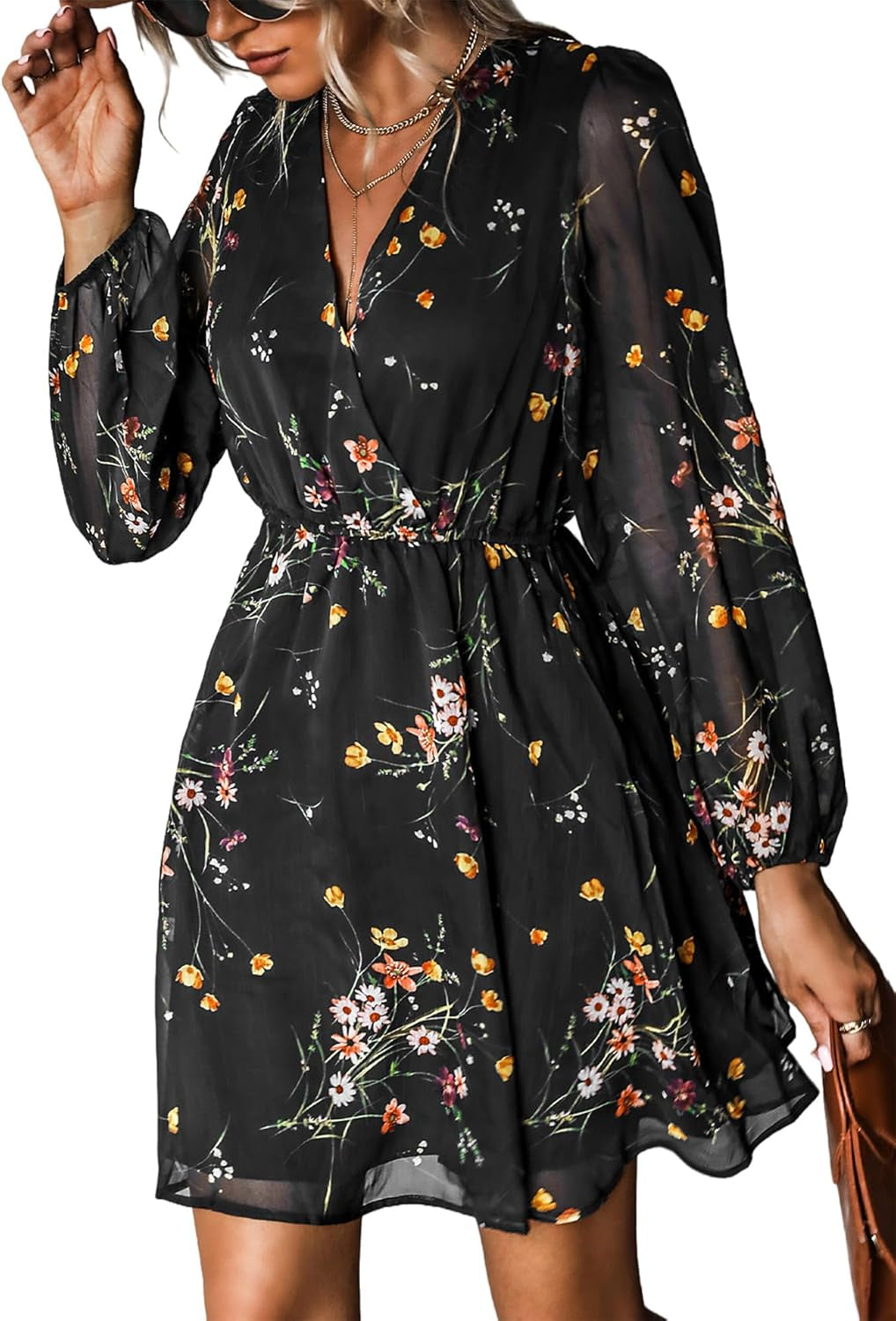 Women'S Floral Print Chiffon A-Line Mini Dress Long Peasant Sleeves Elastic Autumn Dress
