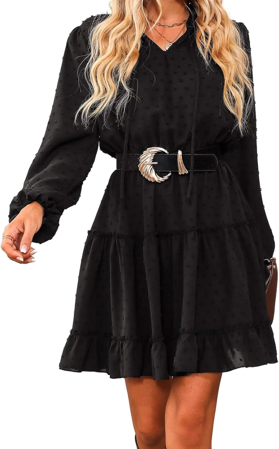 Women'S Casual Dress Flounce Drawstring Long Sleeve Dress V-Neck without Belt Loose Party A-Line Cocktail Mini Dress