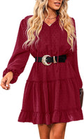 Women'S Casual Dress Flounce Drawstring Long Sleeve Dress V-Neck without Belt Loose Party A-Line Cocktail Mini Dress