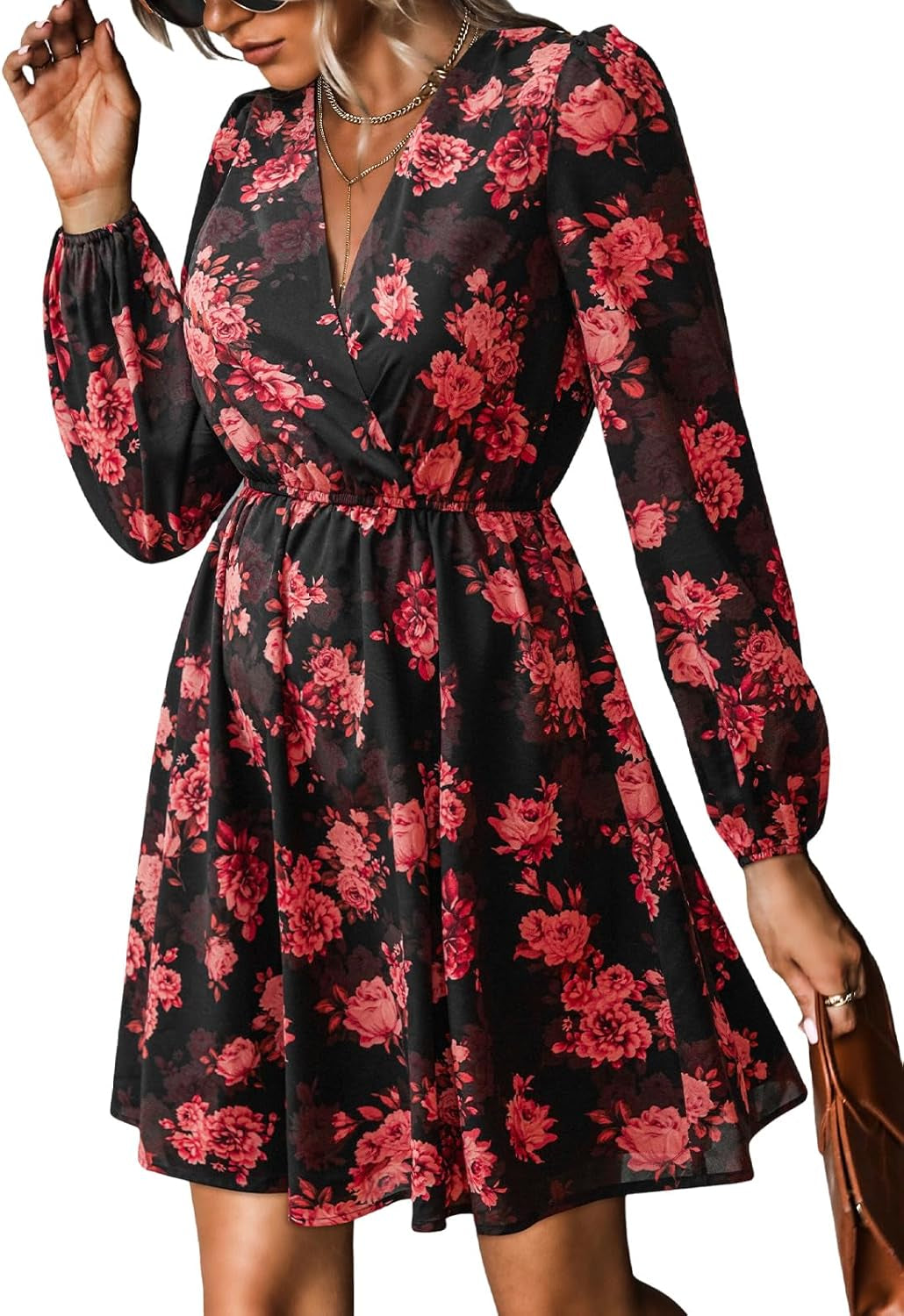 Women'S Floral Print Chiffon A-Line Mini Dress Long Peasant Sleeves Elastic Autumn Dress