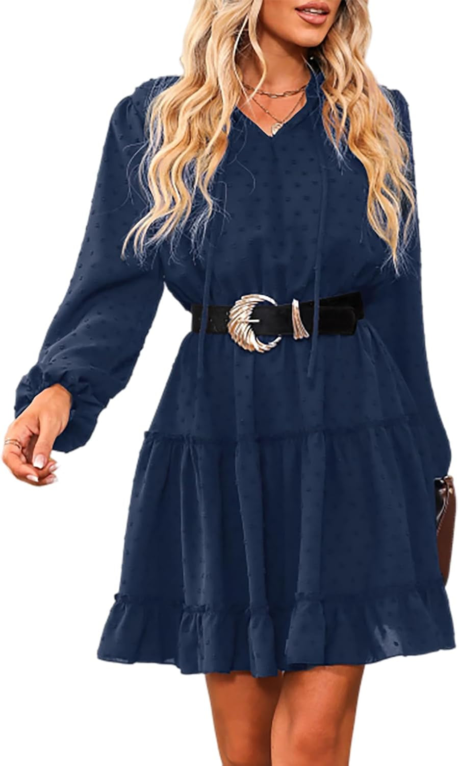 Women'S Casual Dress Flounce Drawstring Long Sleeve Dress V-Neck without Belt Loose Party A-Line Cocktail Mini Dress