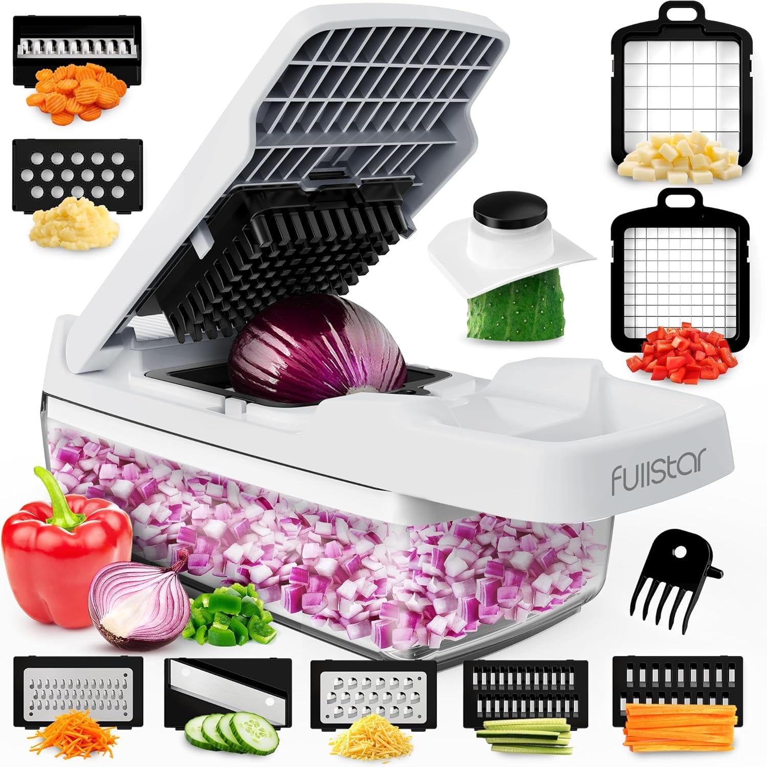 Vegetable Chopper & Mandoline Slicer - Julienne Cutter Dicer Grater for Food Veg Onion Cucumber Tomato Salad Potato Cheese - Kitchen Gadgets & Accessories (Compact 6-In-1, White)