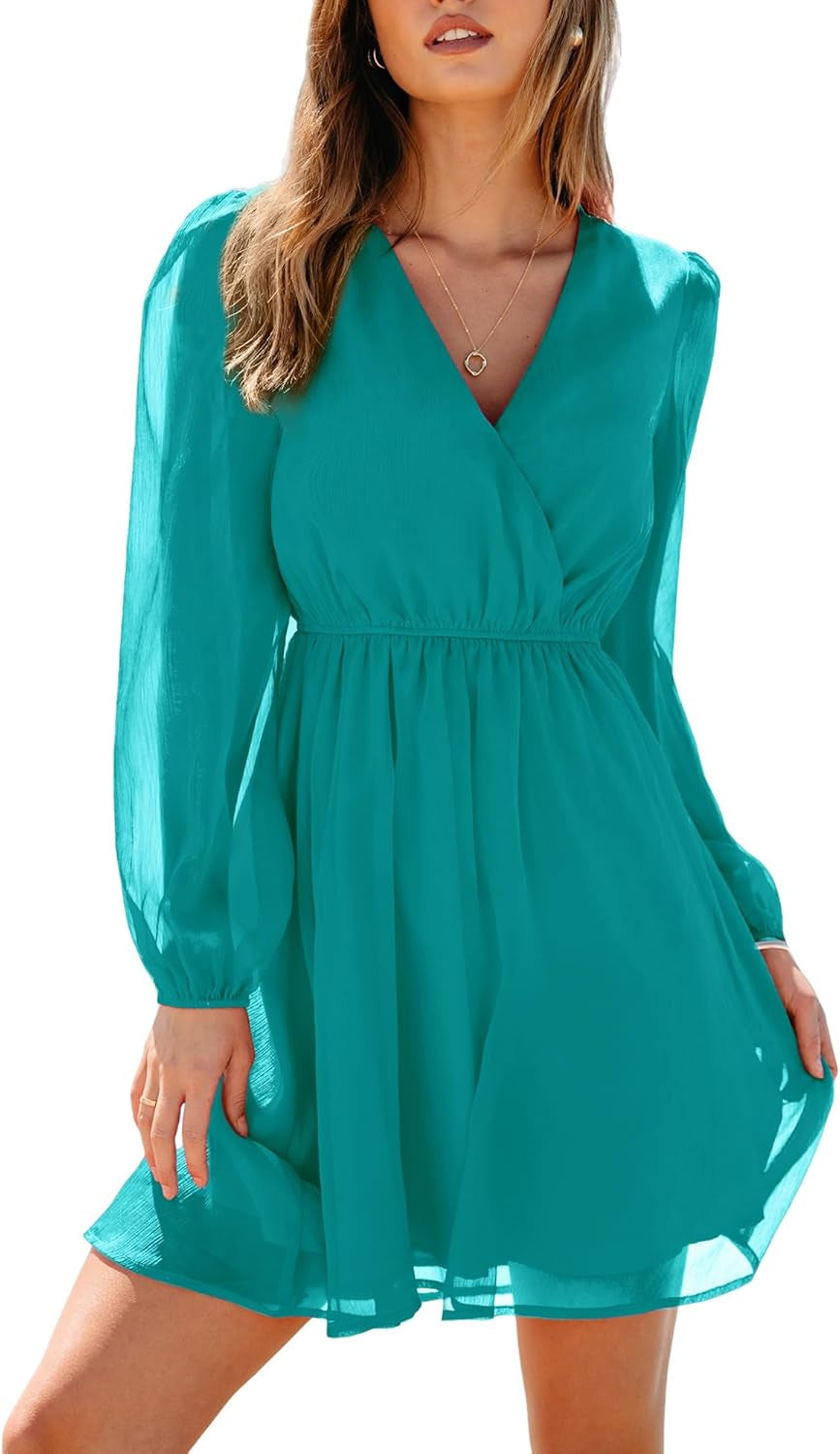 Women'S Floral Print Chiffon A-Line Mini Dress Long Peasant Sleeves Elastic Autumn Dress