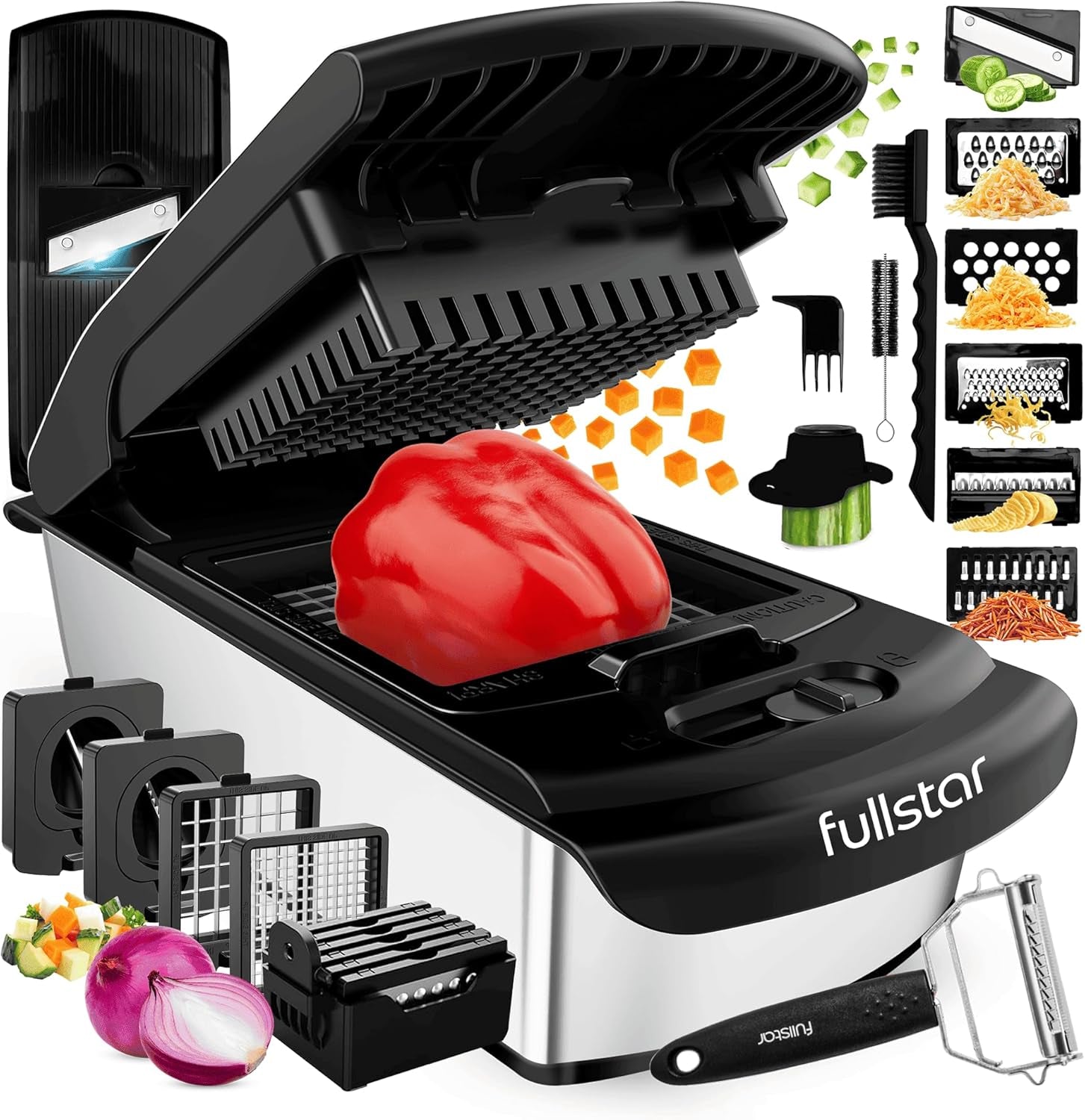 Vegetable Chopper & Mandoline Slicer - Julienne Cutter Dicer Grater for Food Veg Onion Cucumber Tomato Salad Potato Cheese - Kitchen Gadgets & Accessories (Compact 6-In-1, White)