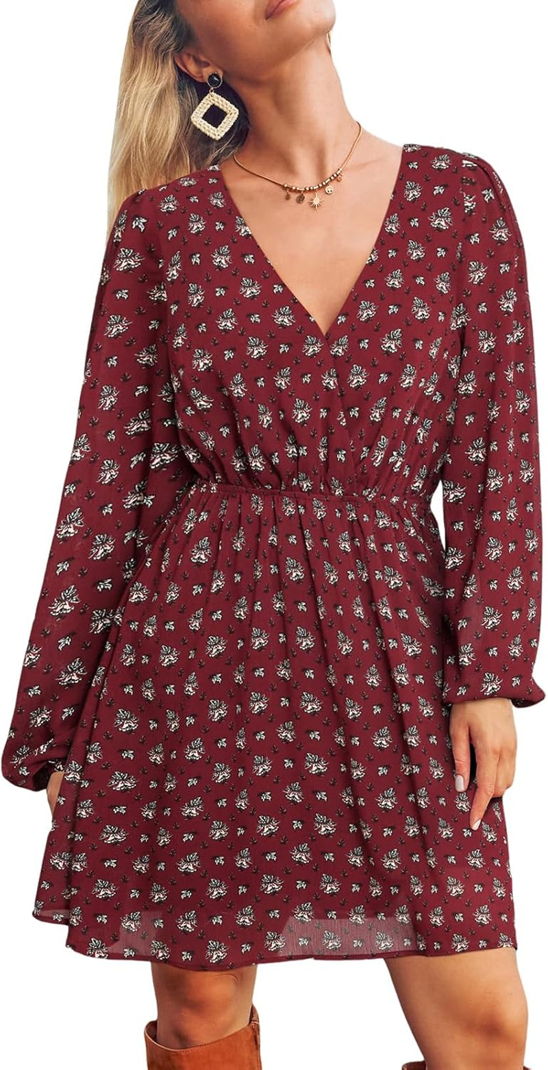 Women'S Floral Print Chiffon A-Line Mini Dress Long Peasant Sleeves Elastic Autumn Dress