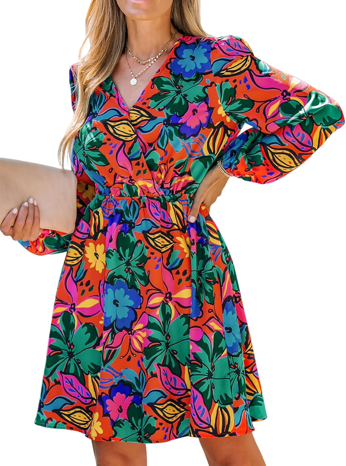 Women'S Floral Print Chiffon A-Line Mini Dress Long Peasant Sleeves Elastic Autumn Dress