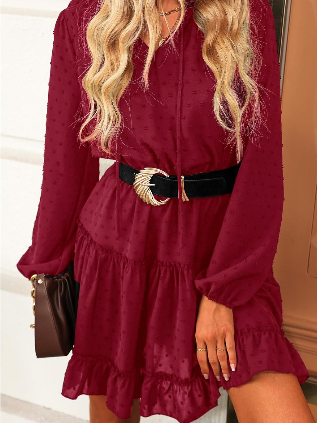Women'S Casual Dress Flounce Drawstring Long Sleeve Dress V-Neck without Belt Loose Party A-Line Cocktail Mini Dress