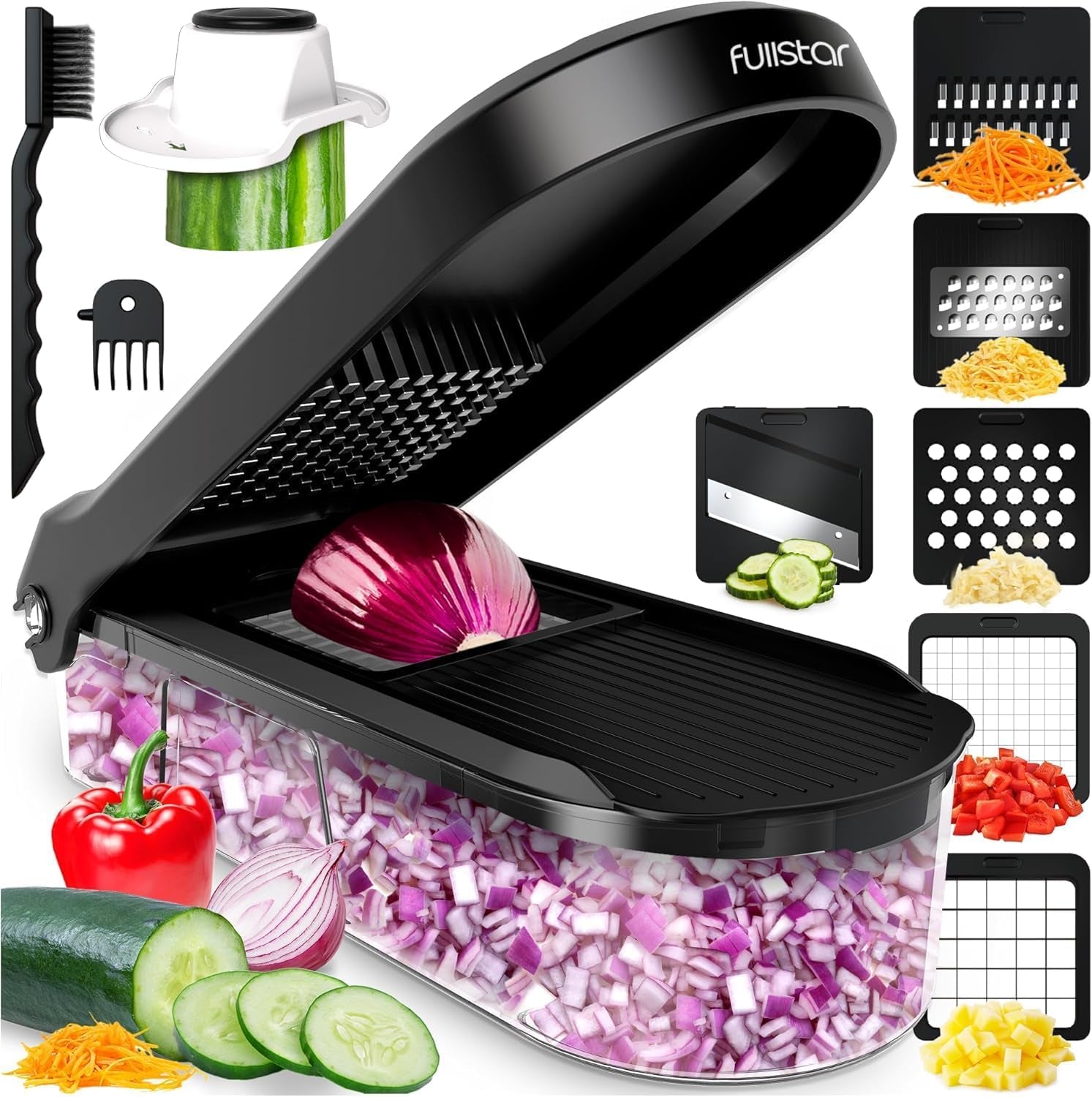 Vegetable Chopper & Mandoline Slicer - Julienne Cutter Dicer Grater for Food Veg Onion Cucumber Tomato Salad Potato Cheese - Kitchen Gadgets & Accessories (Compact 6-In-1, White)